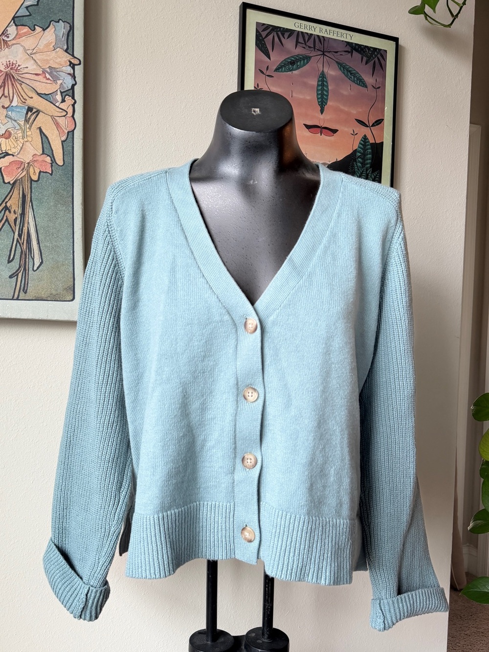 Light Blue V-Neck Button Front Women’s Cardigan Sweater